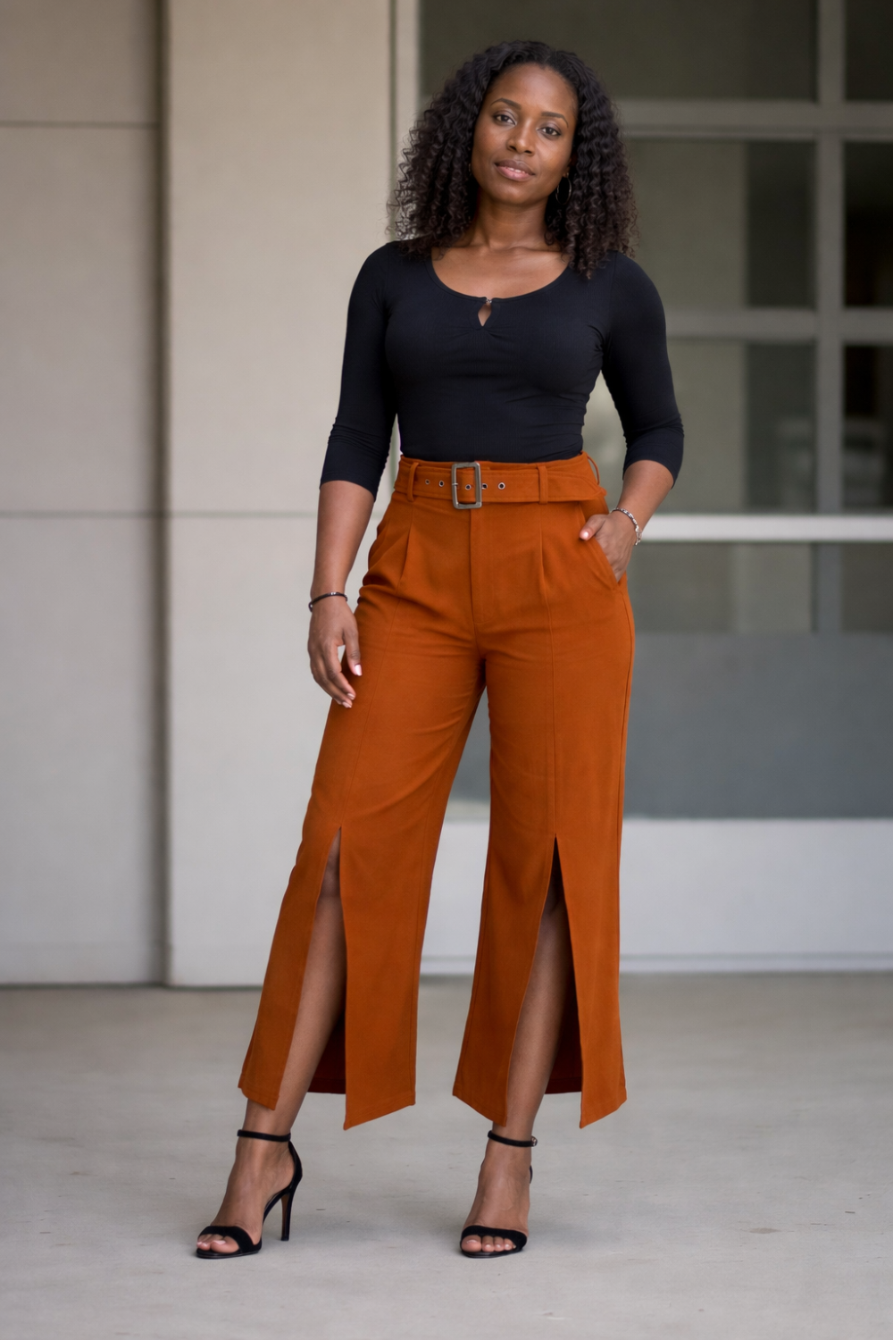 A-16261 High-Waist Split-Hem Wide-Leg Pants