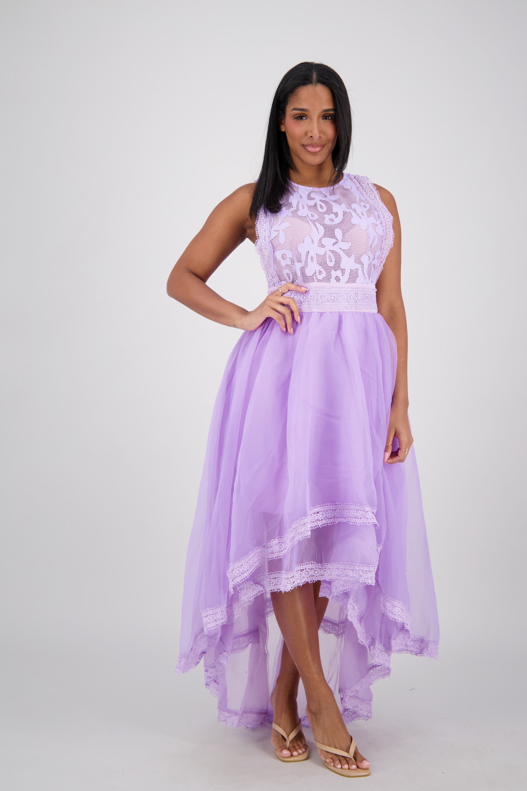 BU-16004 Lace High-Low Tulle Midi Dress