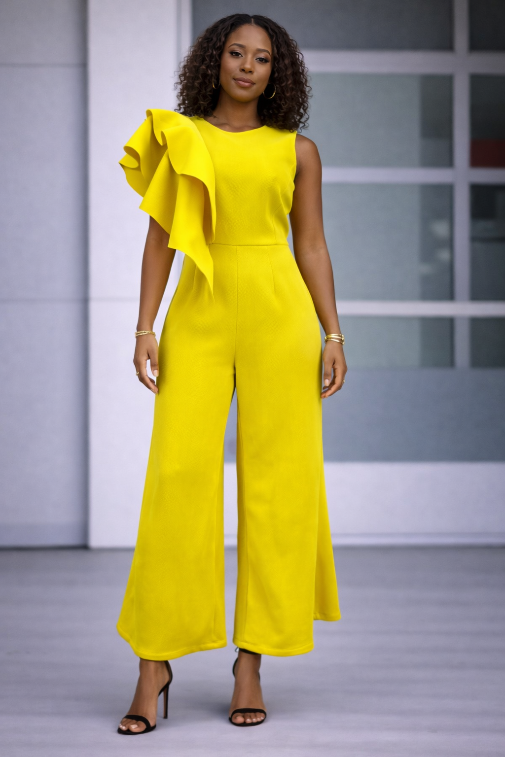 CH-1706 Yellow One-Shoulder Ruffle Scuba Jumpsuit