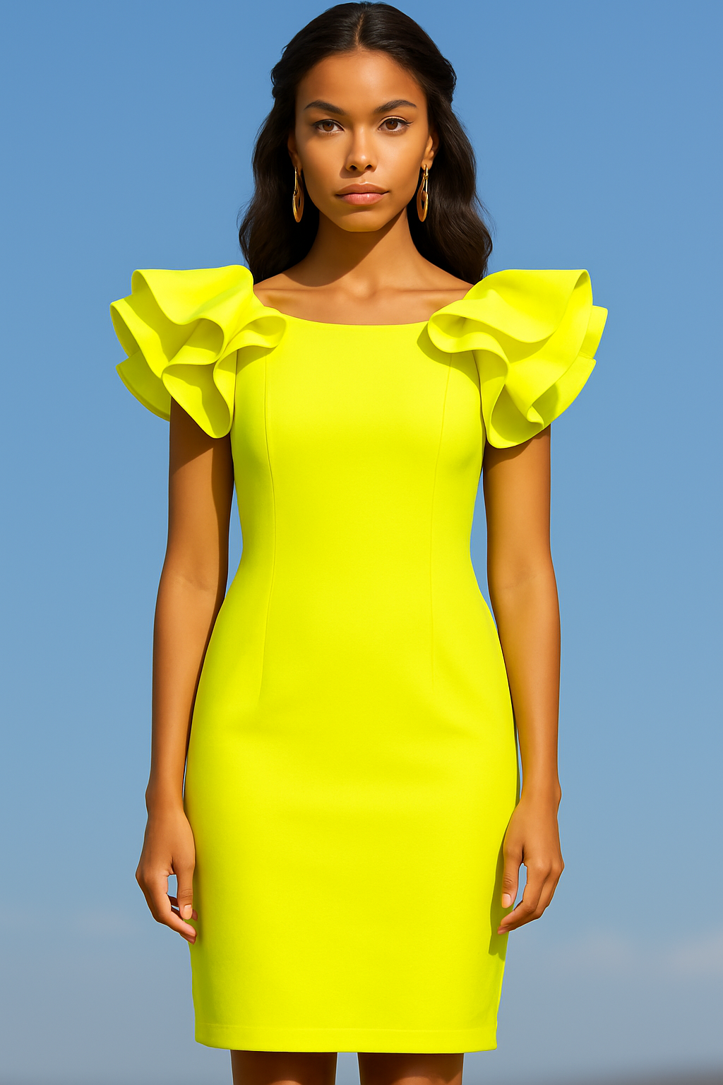 CH-18002 Neon Yellow Ruffle Sleeve Scuba Midi Dress