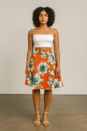CH-8257  Floral Embroidered Fabric  A-Line Skirt with White Crop Top