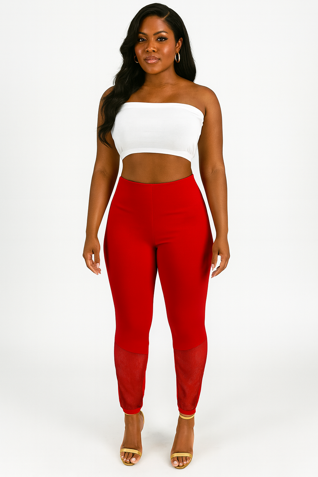 CH-9309 Red High-Waist Mesh Panel Leggings