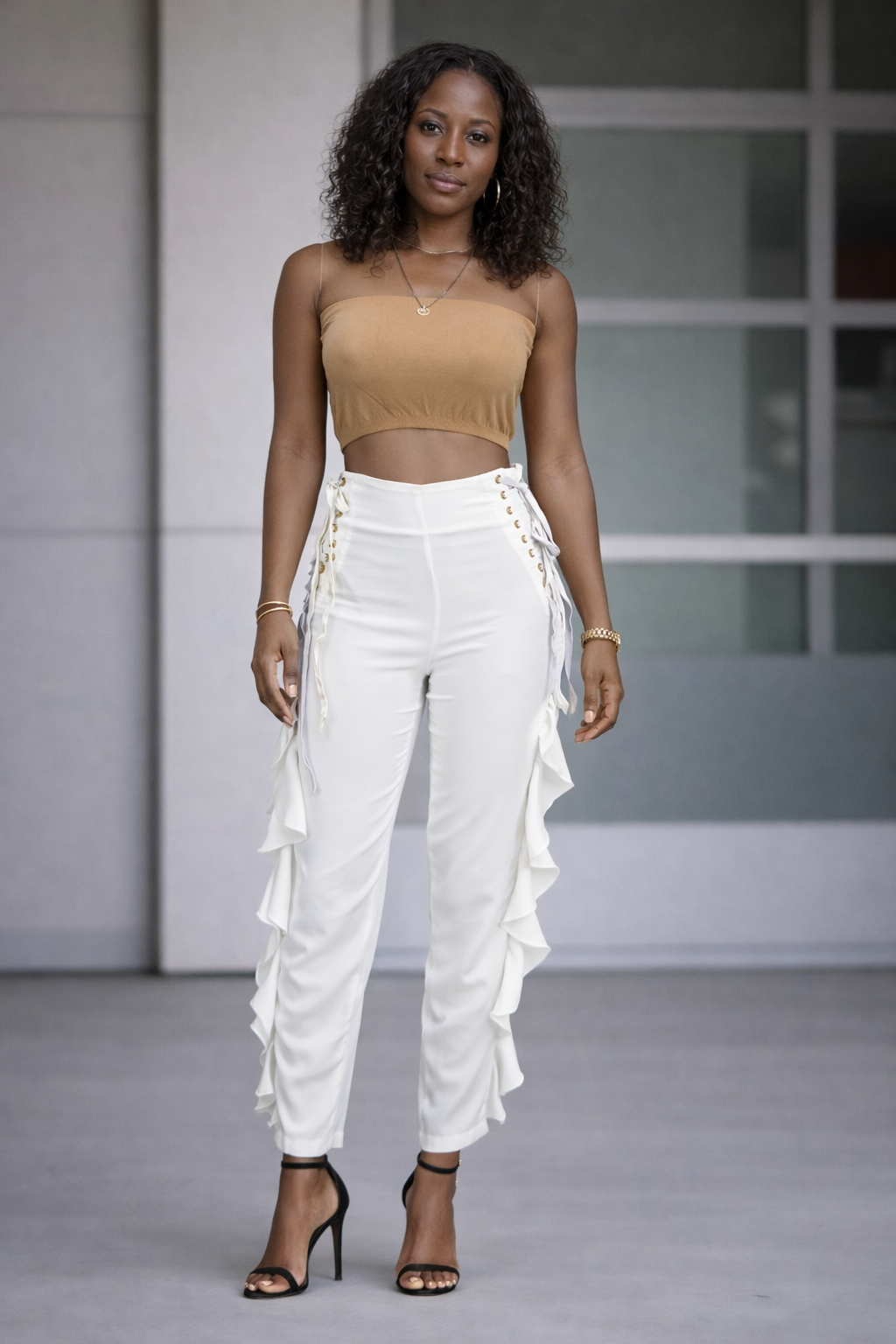 CH-9321 Lace-Up Ruffle Detail High-Waist Pants