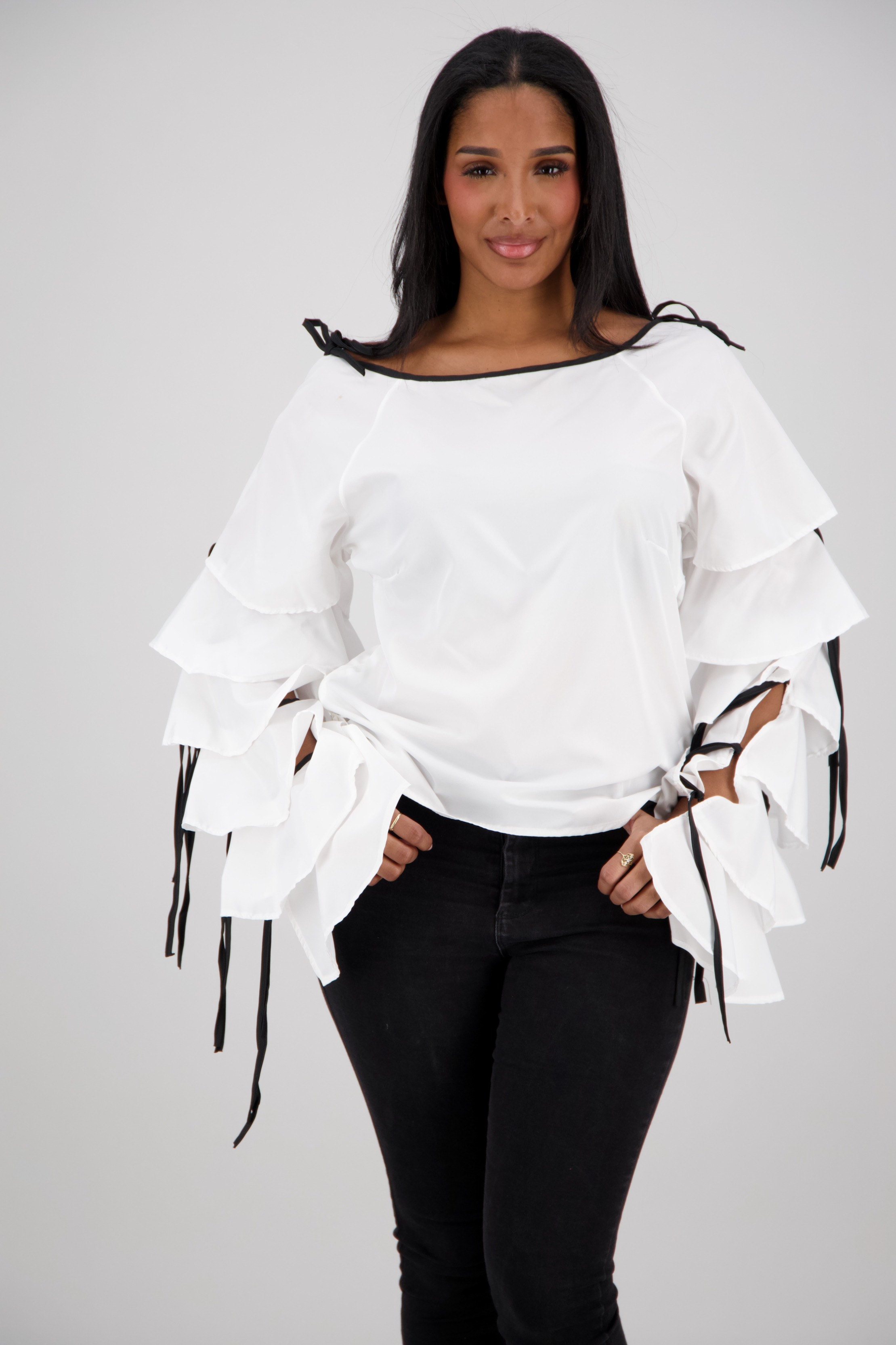 CH-9323 Off-Shoulder Ruffle Sleeve Top with Tie Details