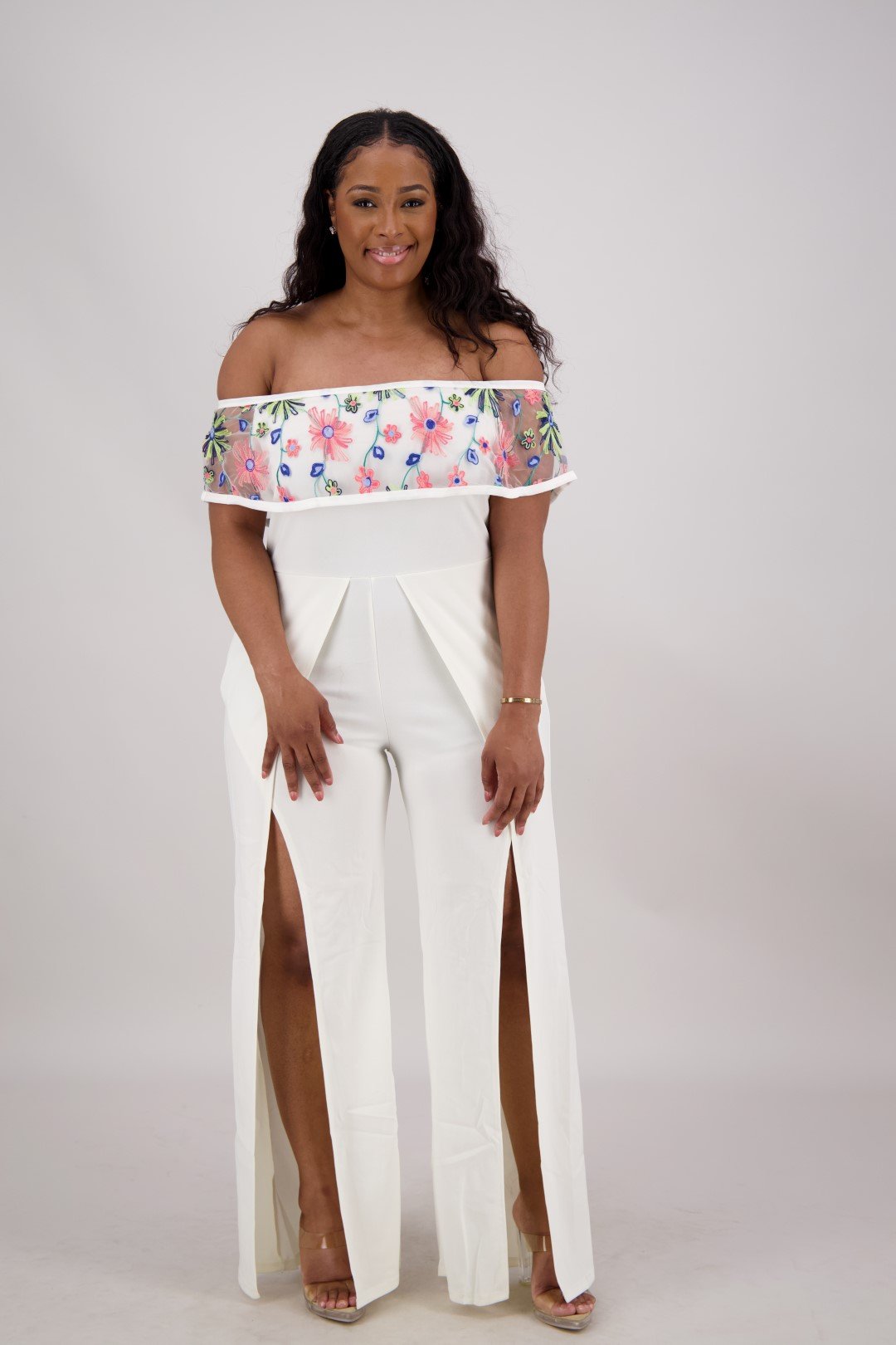 CH-9336 Off-Shoulder Floral Trim Wide-Leg Jumpsuit – Assorted Colors