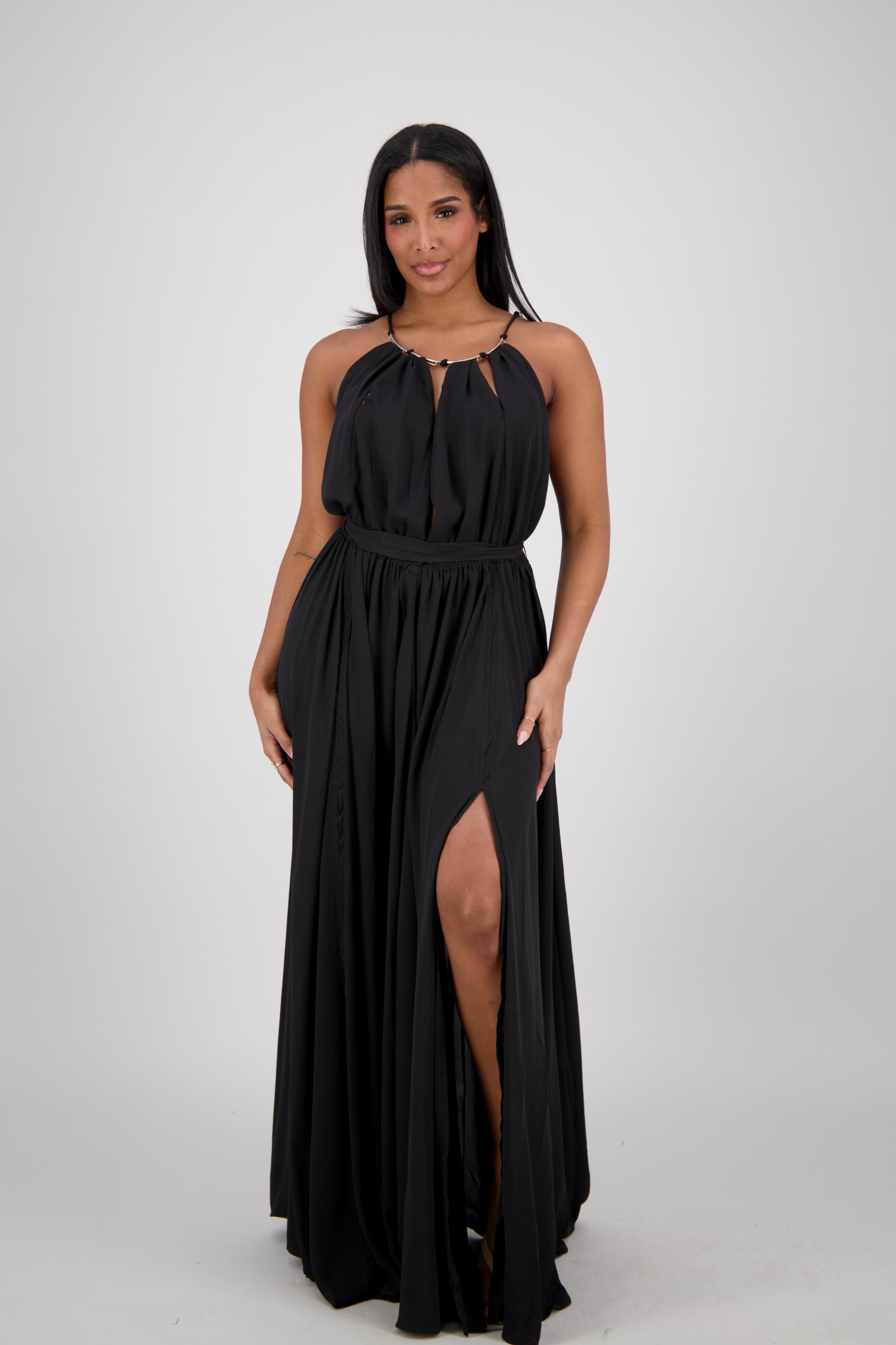 CH-9348 Black Halter Neck Pleated Maxi Dress