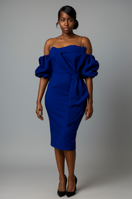 D-0027 Elegant Cobalt  Scuba Off-Shoulder Bow Dress