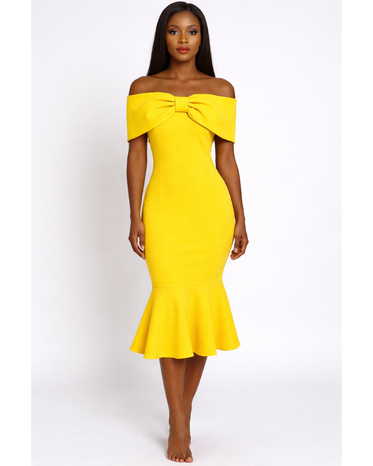 D-0032 Sunshine Yellow Off-Shoulder Bow Midi Dress – Scuba Fabric