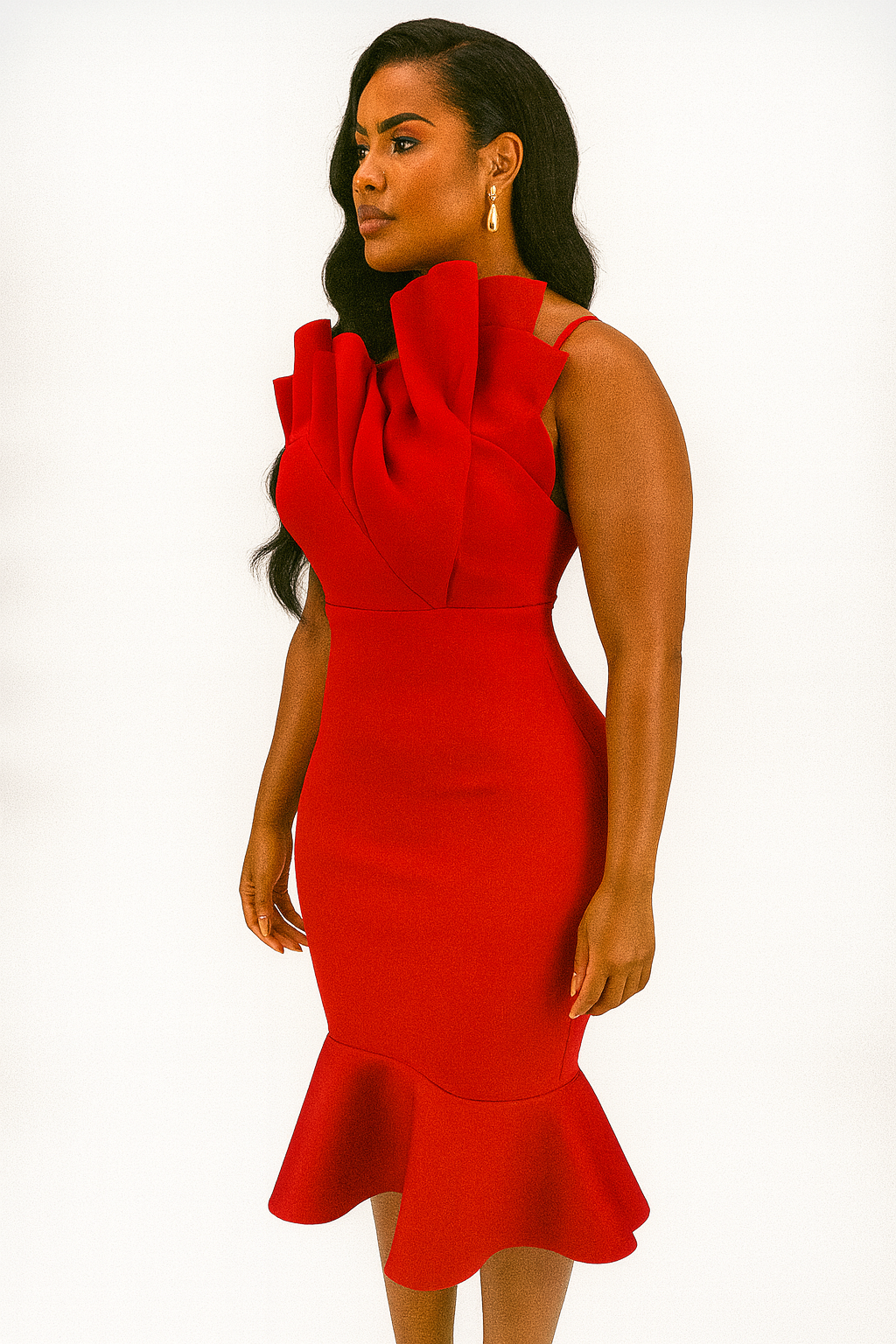 D-0033 Red Ruffle Neckline Scuba Midi Dress
