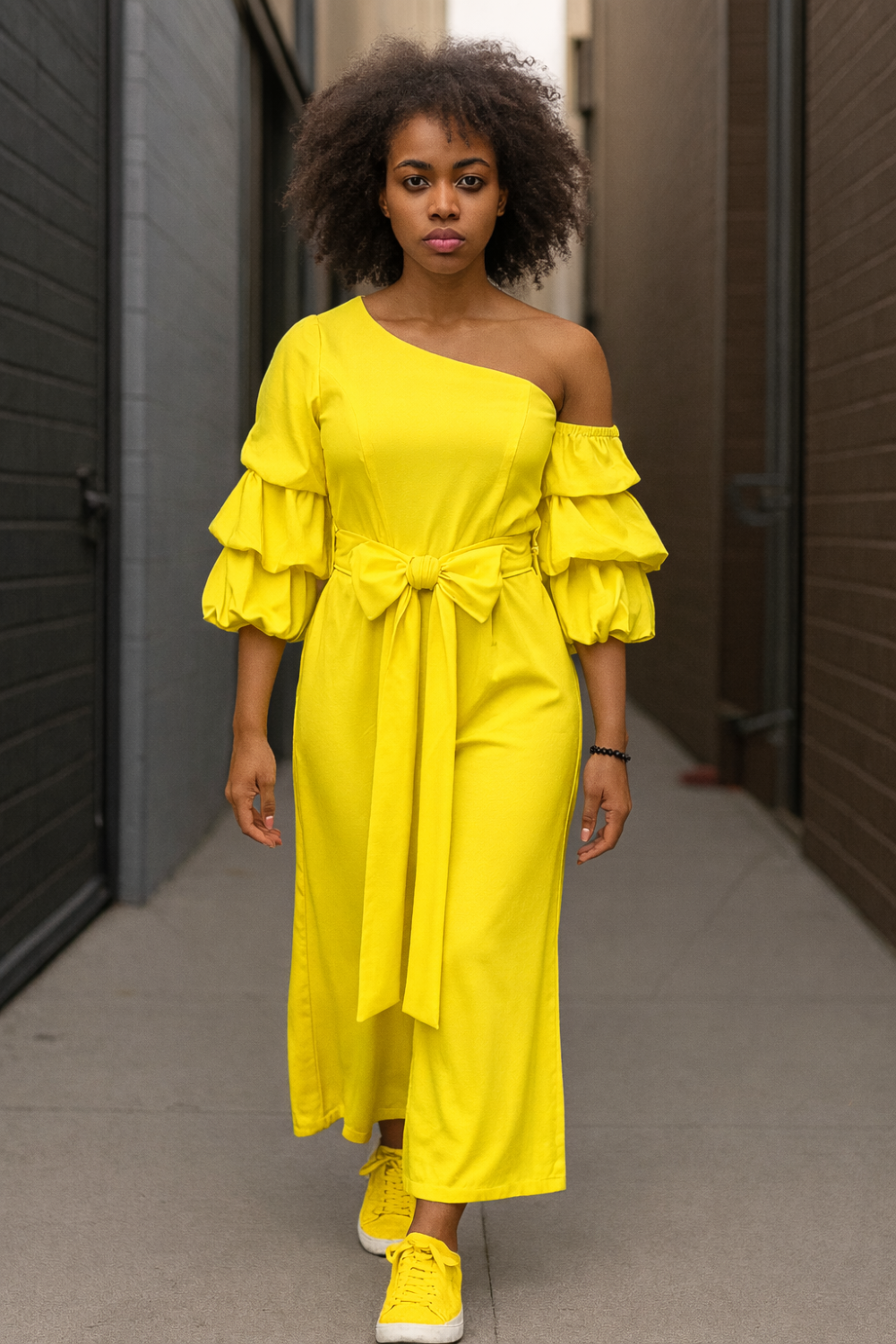 D-0045 Ivory One-Shoulder Ruffle Sleeve Jumpsuit with Tie Belt