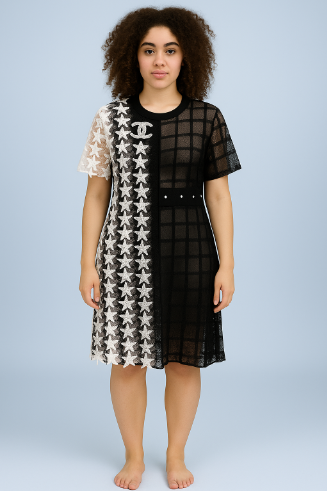 D-19056 Star Lace Panel Dress – Asymmetrical Sheer Grid Design