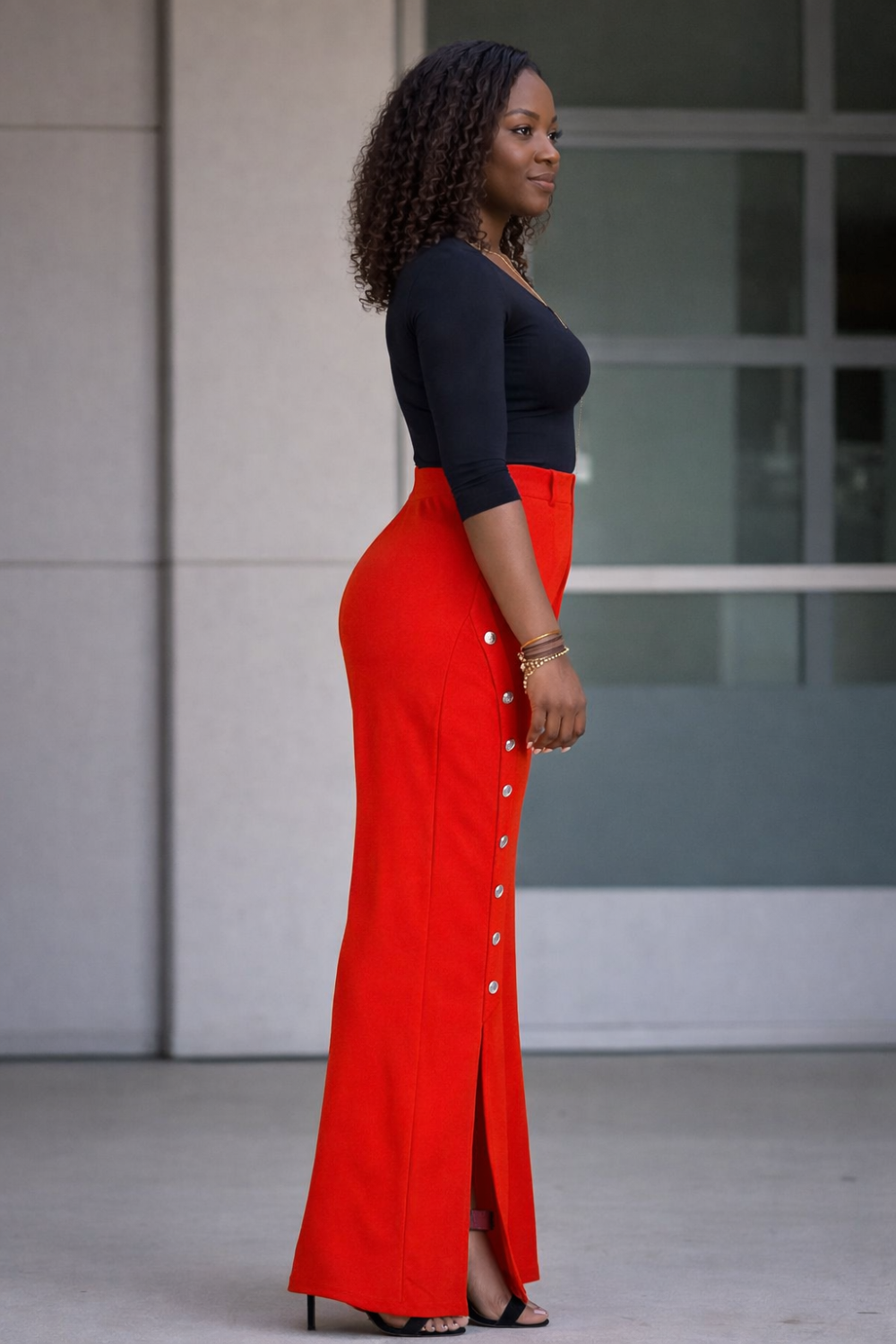 P-0072 High-Waist Button-Detail Wide-Leg Pants