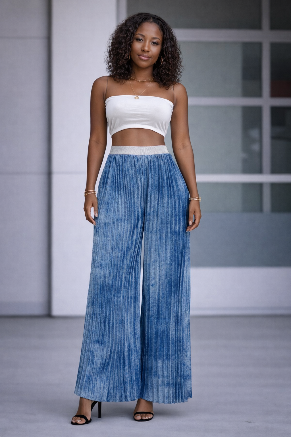 P-19533 Blue Pleated Wide-Leg Palazzo Pants – Polyester