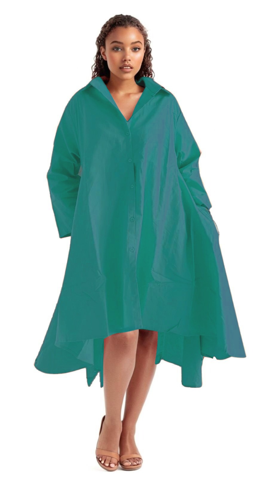 PW-8181 Elegant High-Low Button-Down Shirt Dress – 100% Cotton