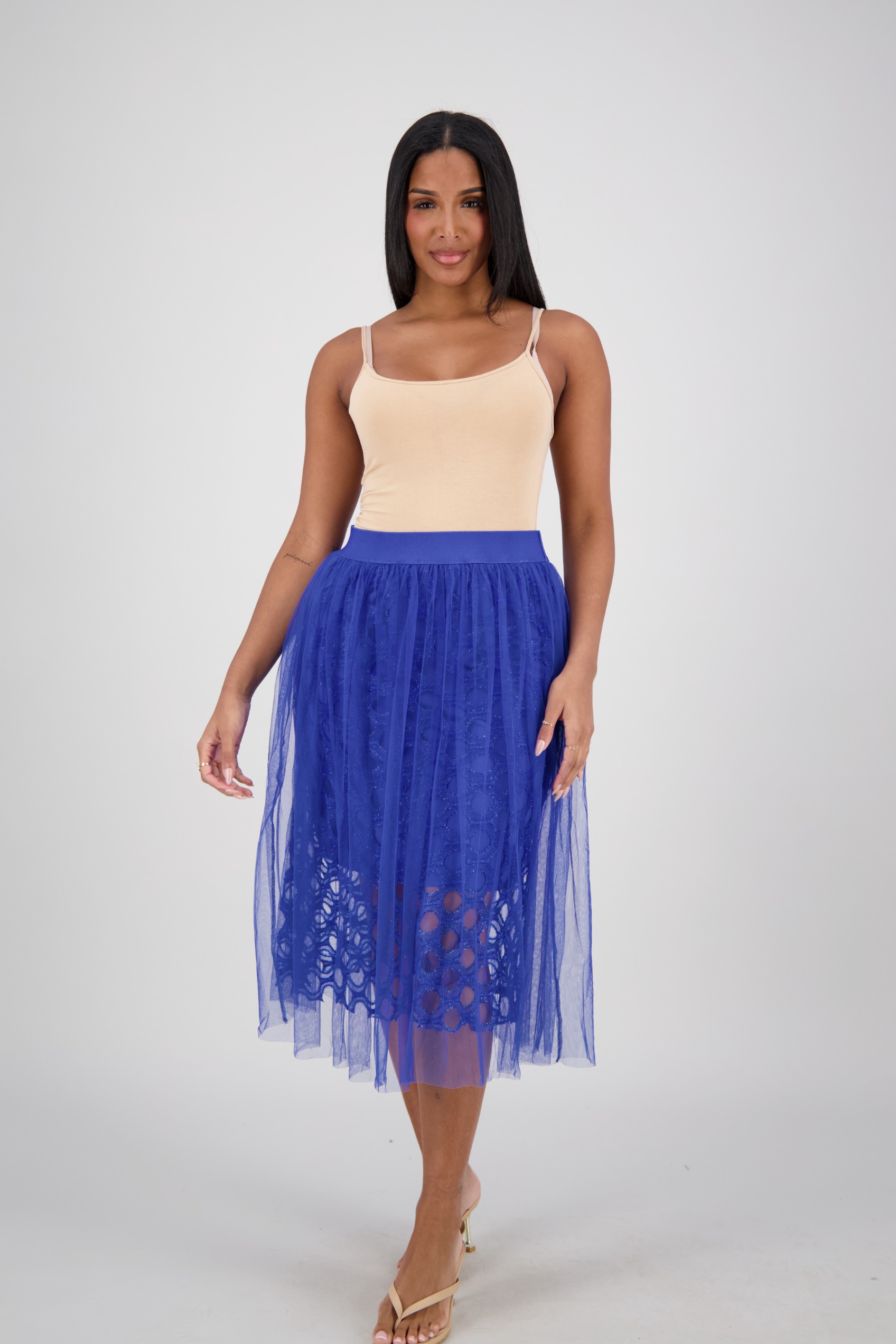 S-19168 Mesh Overlay Midi Skirt