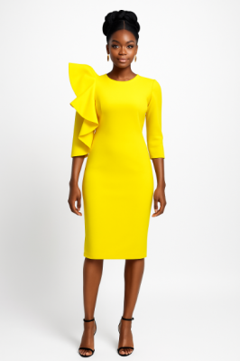 SW-5638 Elegant Ruffle-Shoulder Bodycon Dress in Scuba Fabric