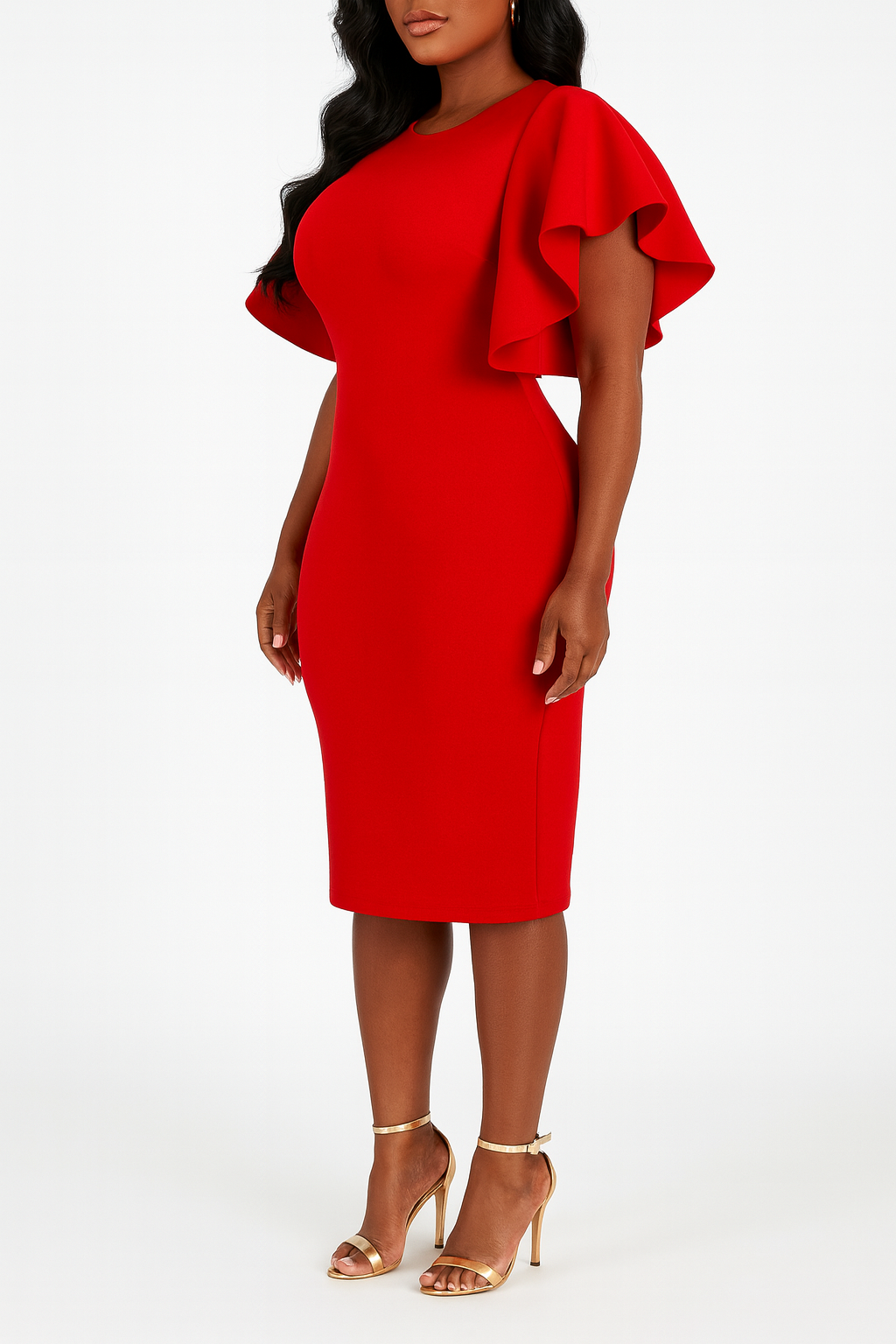 SW-5640 Red Flutter Sleeve Scuba Midi Dress