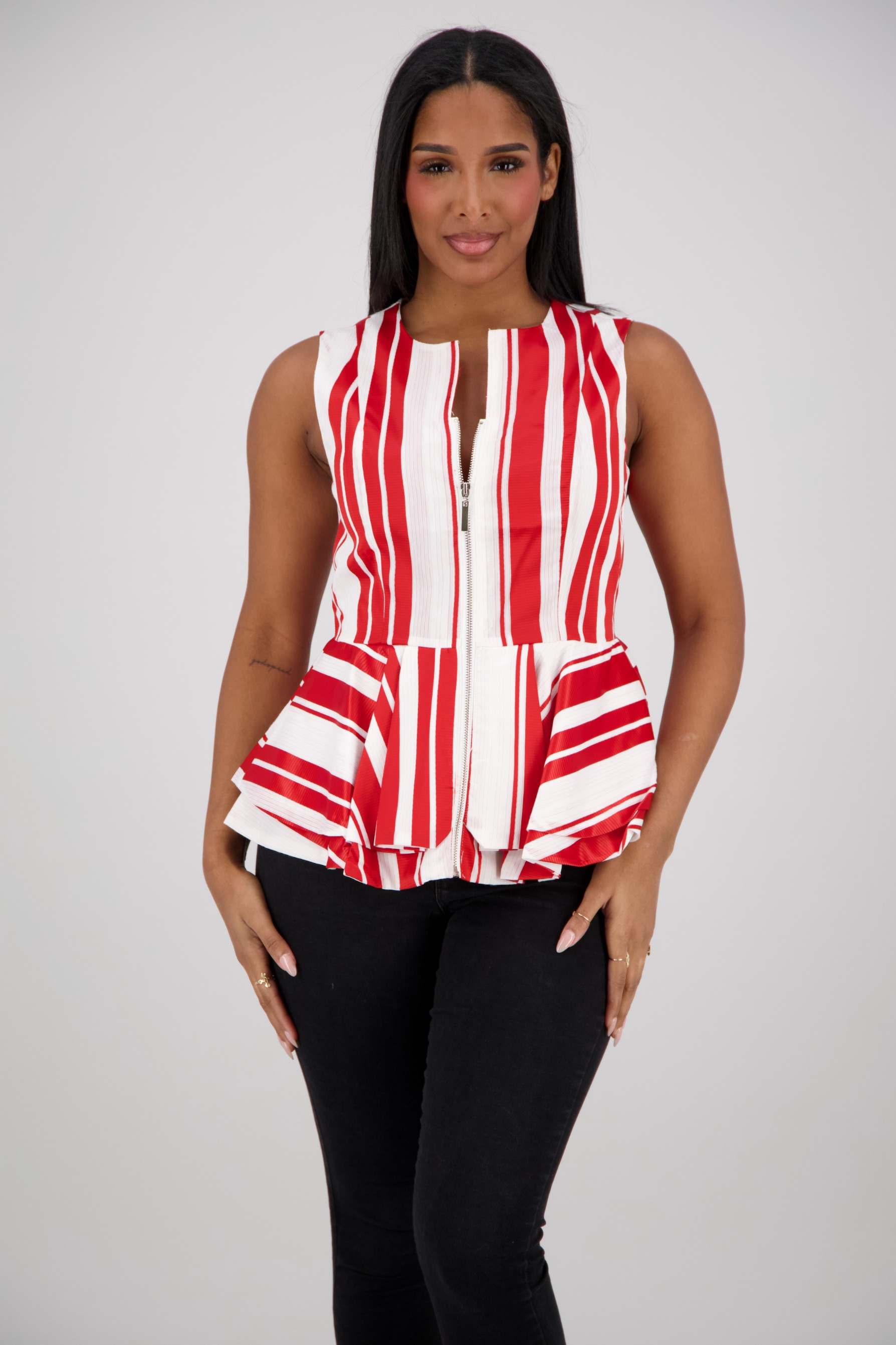 SW-5908 Striped Zip-Front Peplum Top – Assorted Colors