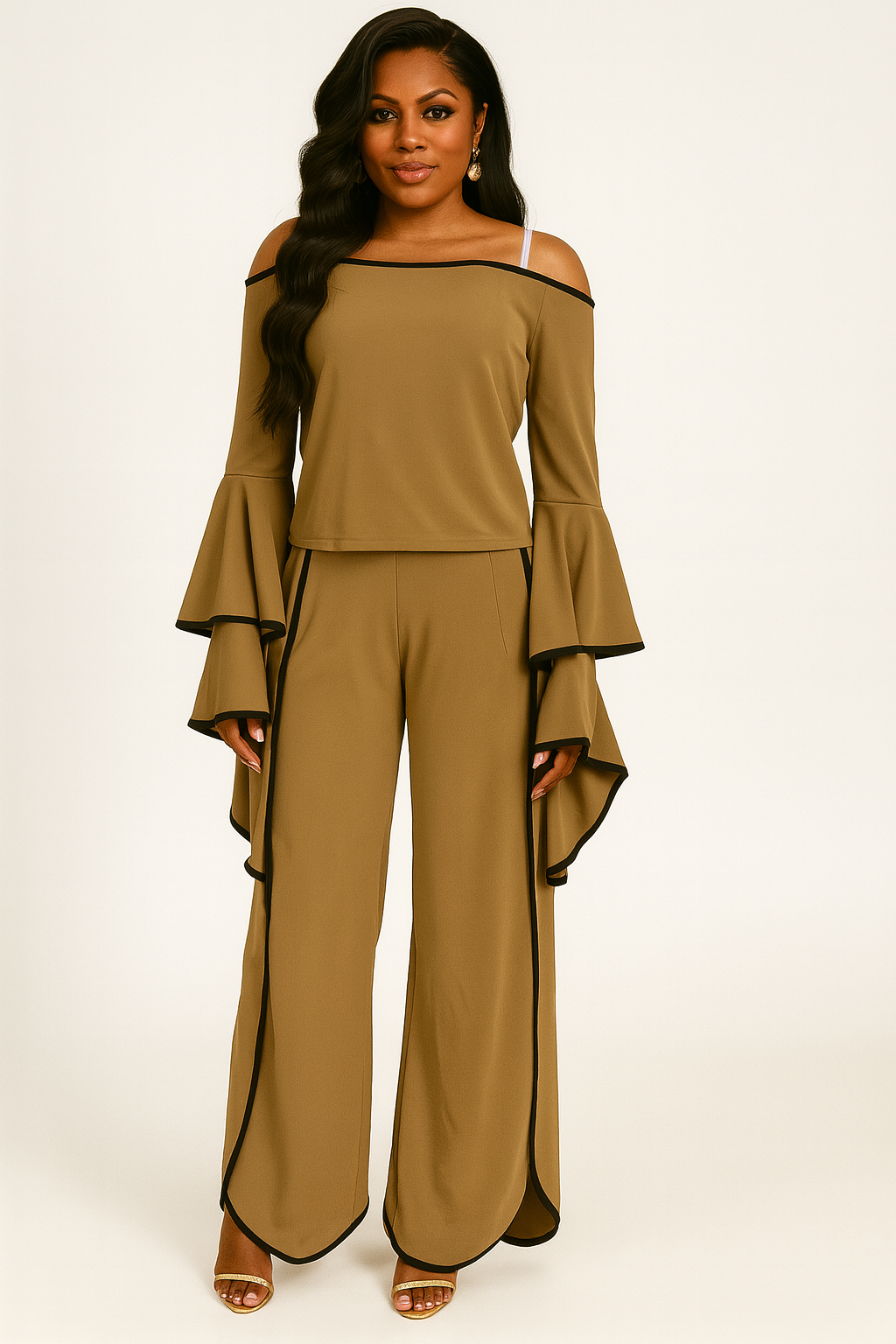 SW-6133 Off-Shoulder Ruffle Sleeve Palazzo Set – Polyester