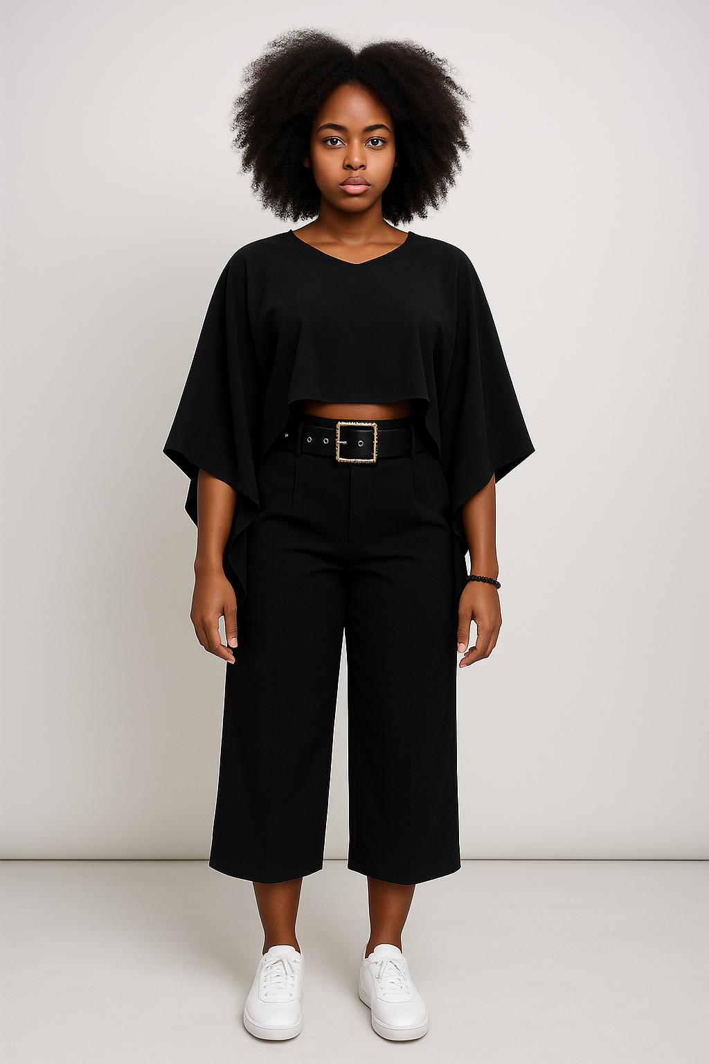 T-19164 Black Flowy Crop Top & Wide-Leg Pant Set