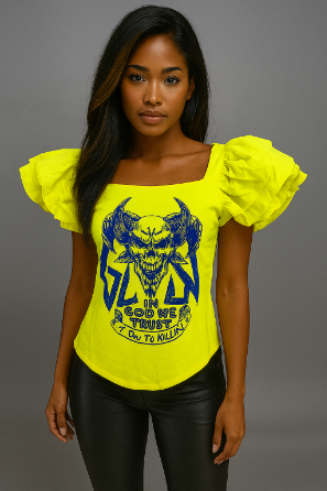 T-19183 Puff-Sleeve Graphic Top – Bold "In God We Trust" Statement Tee